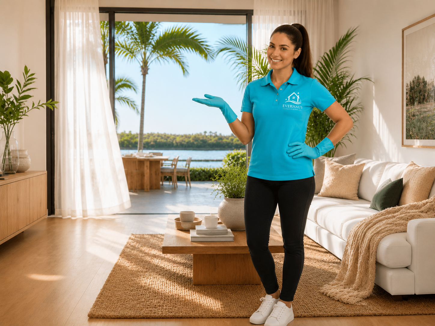 Friendly Everhaus Cleaning professional in a bright, spotless Florida home